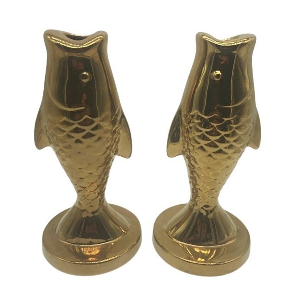 Vintage 70s Gold Fish Candle Holders Pair 7" Ceramic Koi Hollywood Regency Decor